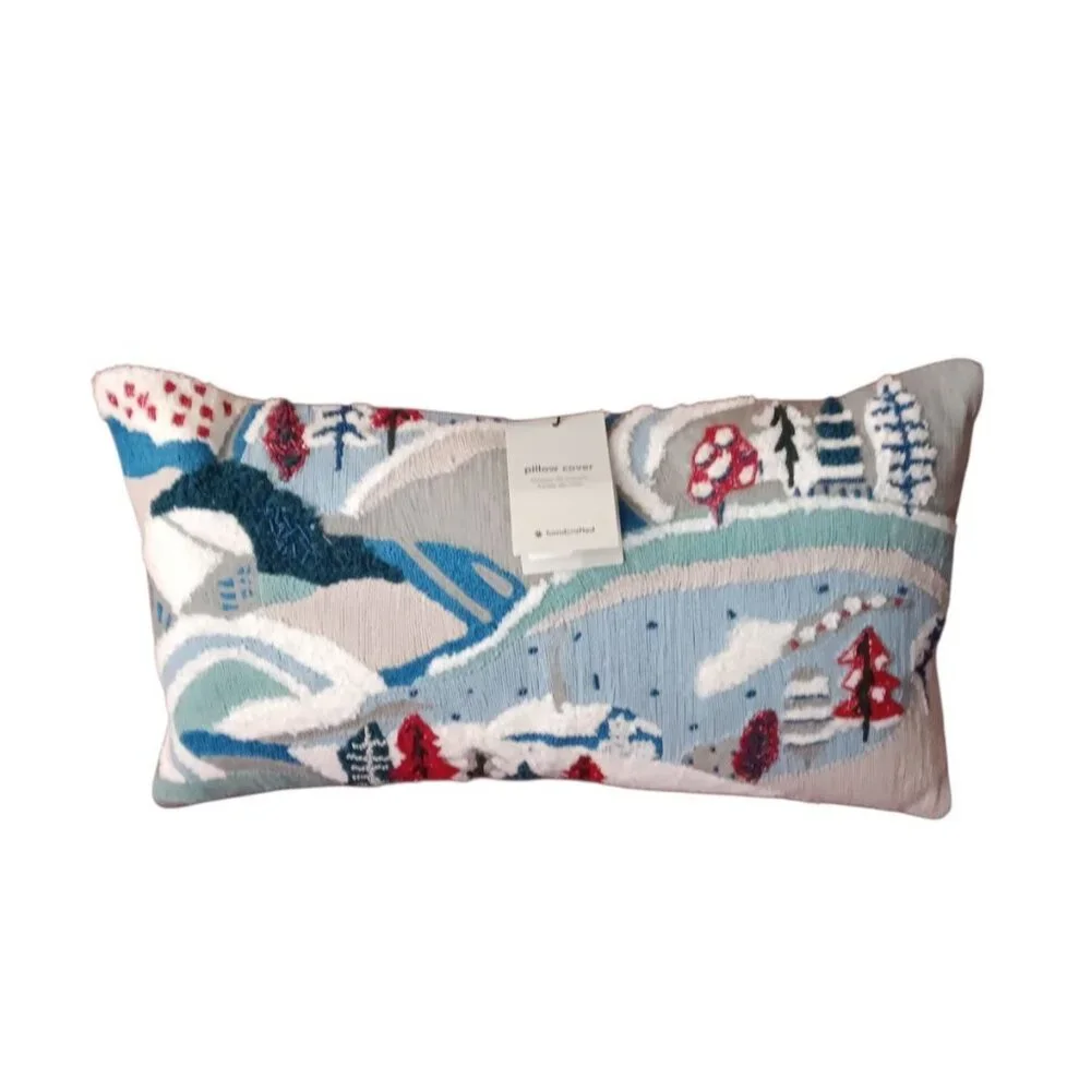West Elm Pillow Winter Snow Scene Beaded Embellished Button Closure 20